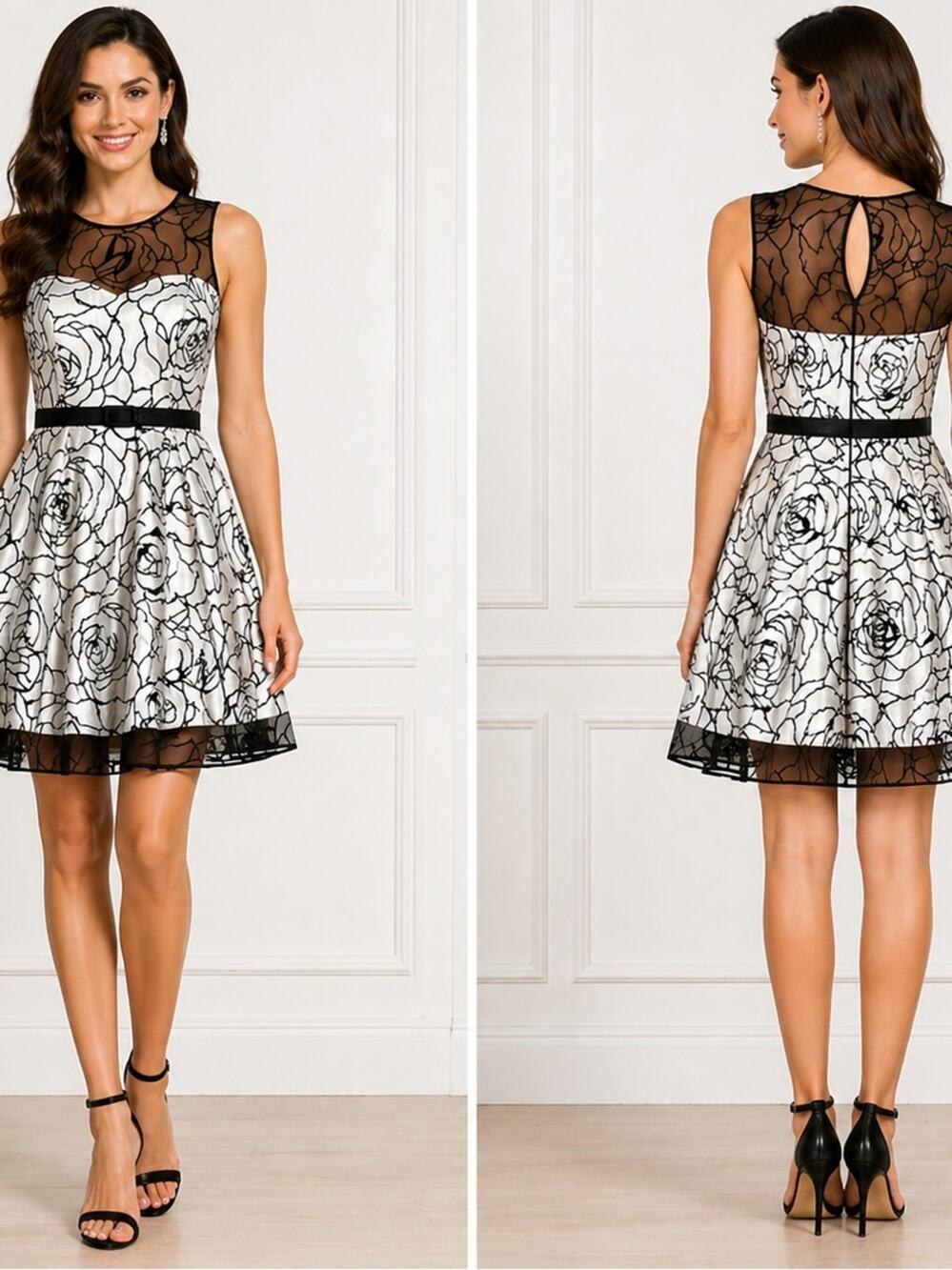 Eliza J Sleeveless Floral Illusion Fit-and-Flare Cocktail Dress Size 6